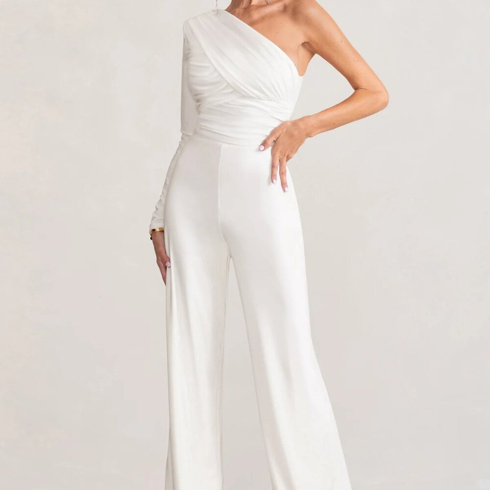 Club L Mika One Shoulder White Ruched Wide Leg Jumpsuit